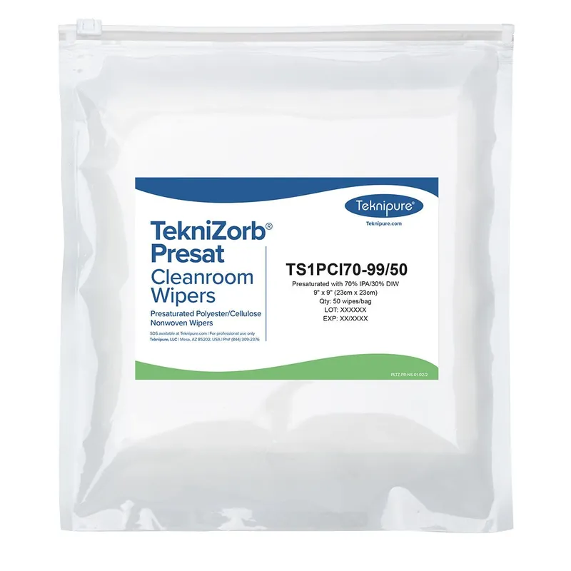 Teknipure TS1PCI70-99/50 TekniZorb® Polycellulose Nonwoven Presaturated Cleanroom Wipes, 70% IPA, 9" x 9" (Case of 1,200)