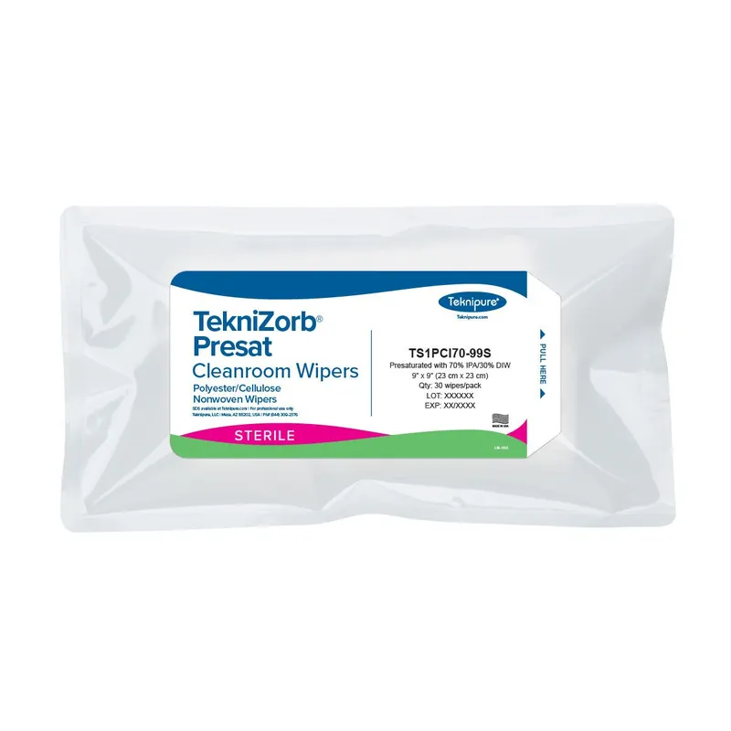 Teknipure TS1PCI70-99S TekniZorb® Sterile Polycellulose Nonwoven Presaturated Cleanroom Wipes, 70% IPA, 9" x 9" (Case of 720)