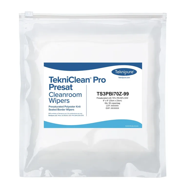 Teknipure TS3PBI70Z-99 TekniClean® Pro Polyester Knit Presaturated Cleanroom Wipes, 70% IPA, 9" x 9" (Bag of 50)