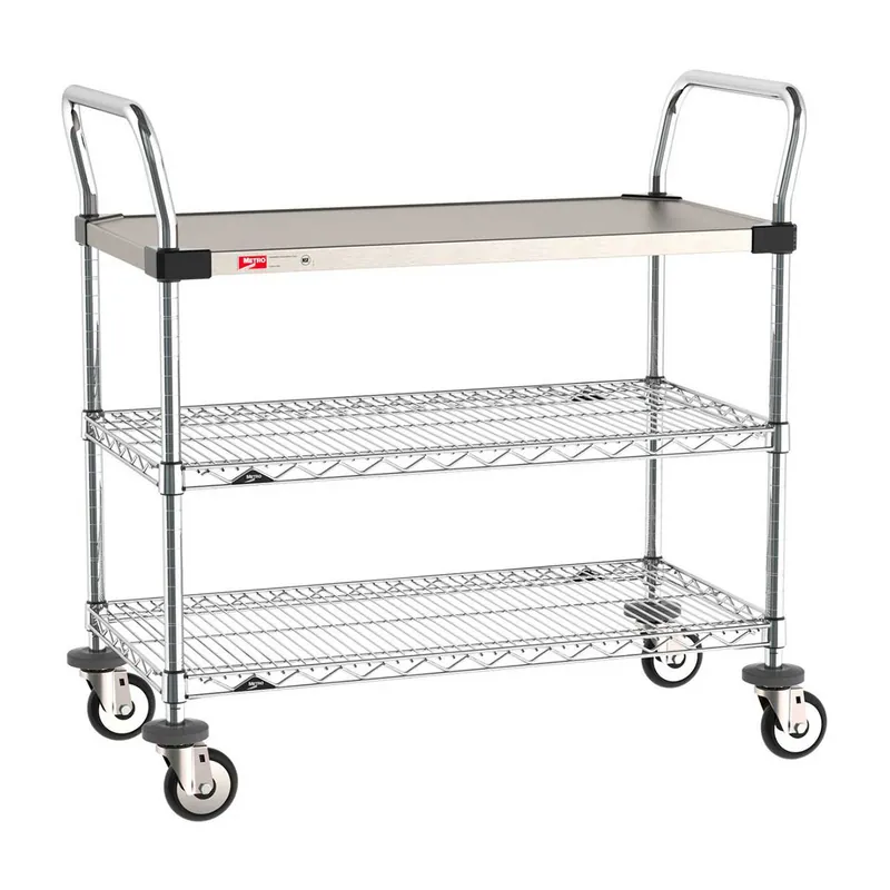 Metro Utility Carts with (1) Solid Stainless Steel Shelf & (2) Chrome Wire Shelves