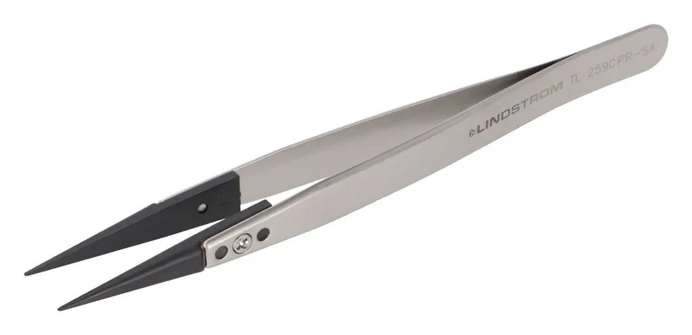 Lindstrom 259CPR-SA ESD-Safe Stainless Steel Tweezer with Replaceable Straight Strong, Fine, Pointed, Plastic Carbon PEEK Tips, 5.12" OAL