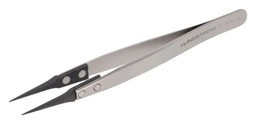 Lindstrom 5CF-SA ESD-Safe Stainless Steel Tweezer with Replaceable Sharp, Straight, Very Fine, Pointed Plastic Carbon Fiber Tips, 5.12" OAL