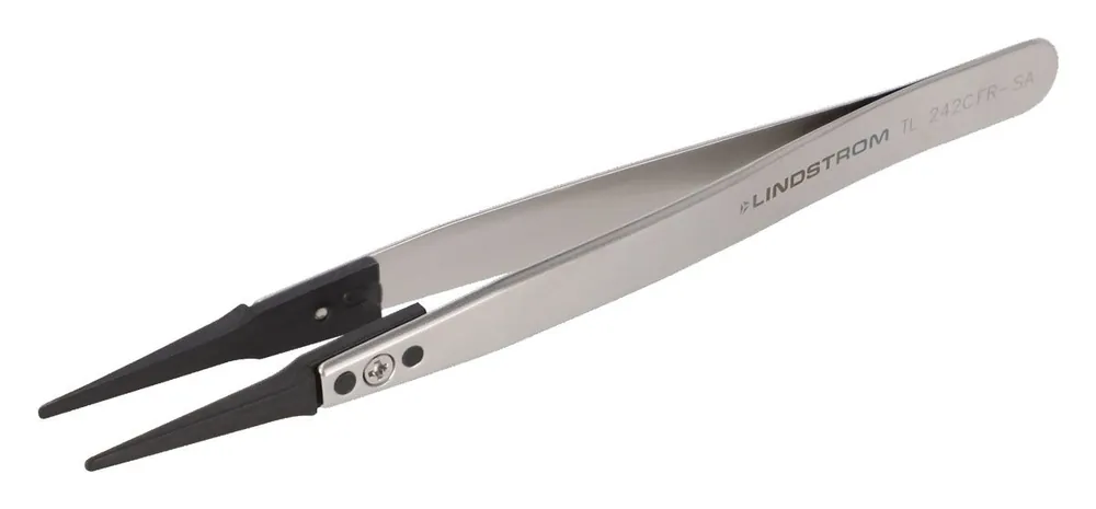 Lindstrom 242CFR-SA ESD-Safe Stainless Steel Tweezer with Replaceable Straight, Fine Plastic Carbon Fiber Tips, 5.12" OAL