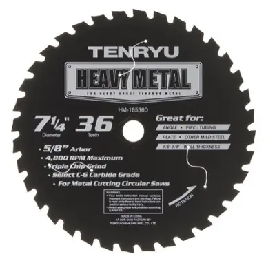 TENRYU HM-18536D - 7-1/4" x 36T Heavy Metal Thin-Kerf C6 Micro-grain Carbide Blade