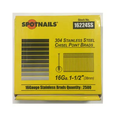 Spotnails 16224SS - 16 Gauge 1-1/2" Straight Stainless Steel Brads, 2500ct