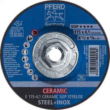 PFERD 60093 4-1/2" x 1/8 Grinding Wheel, 5/8-11 Thd. CERAMIC SGP STEELOX, Type 27 (10pk)