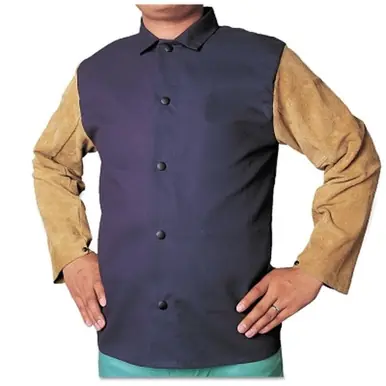 BEST WELDS 902-1201-M - Leather/Flame Retardant Sateen Combo Jacket, Medium, Blue/Tan