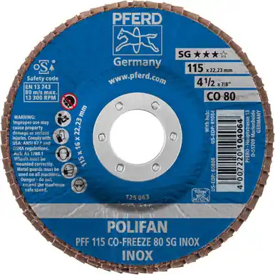PFERD 60806 4-1/2" x 7/8" POLIFAN Flap Disc - Flat CO-FREEZE SG INOX Ceramic Oxide 80G (10pk)