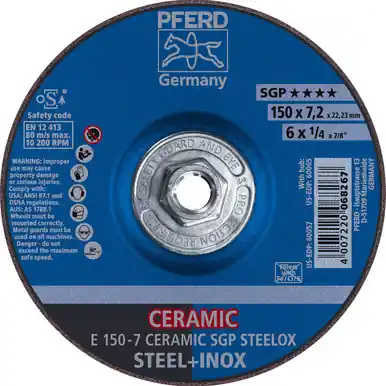 PFERD 60065 6" x 1/4" Grinding Wheel, 5/8-11 Thd., CO 24 Q SG, STEEL, STAINLESS, Type 27 (10pk)