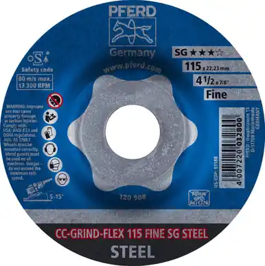 PFERD 61186 4-1/2" CC-GRIND-FLEX, 7/8" A.H. - SG for STEEL, FINE (10pk)