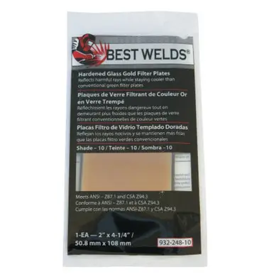 BEST WELDS 901-932-248-10 - 2" Hardened Glass Gold Filter Plate, Gold/10, 2" x 4.25" SH10, Glass