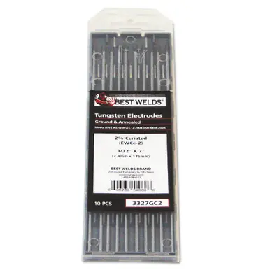 BEST WELDS 900-3327GC2 - Tungsten Electrode, 2% Ceria Ground, 7" Size 3/32, 10ct