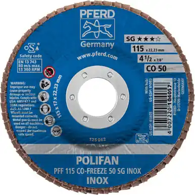PFERD 60805 4-1/2" x 7/8" POLIFAN Flap Disc - Flat CO-FREEZE SG INOX Ceramic Oxide 50G (10pk)