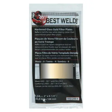 BEST WELDS 901-932-248-9 - 2" Hardened Glass Gold Filter Plate, Gold/9, 2" x 4.25" SH9, Glass
