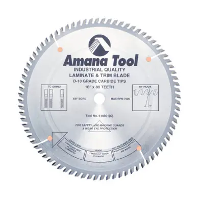 Amana 610801 Carbide Tipped Fine Cut-Off and Crosscut 10" D x 80T TCG, 10 Deg, 5/8 Bore, Circular