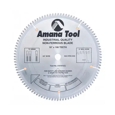 Amana 510101 Carbide Tipped Aluminum and Non-Ferrous Metals 10" D x 100T TCG, -6 Deg, 5/8 Bore,