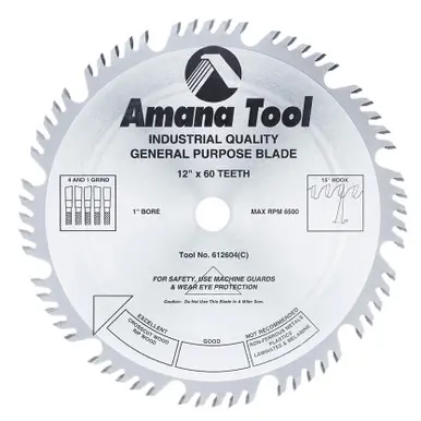 Amana 612604 Carbide Tipped Combination Ripping and Crosscut 12" D x 60T 4+1, 15 Deg, 1" Bore,