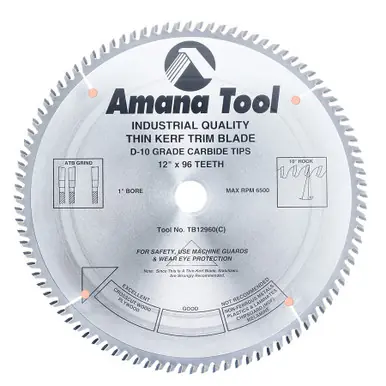 Amana TB12960 Carbide Tipped Thin Kerf Trim 12" D x 96T ATB, 10 Deg, 1" Bore, Circular Saw Blade