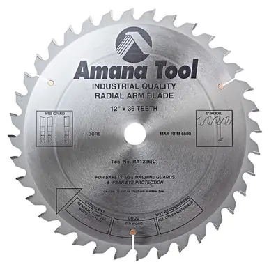 Amana RA1236 Carbide Tipped Radial Arm 12" D x 36T ATB, 0 Deg, 1" Bore Circular Saw Blade