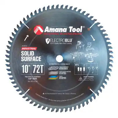 Amana 610721C Electro-Blu Carbide Tipped Solid Surface 10" D x 72T M-TCG, 0 Deg, 5/8 Bore, Non-Stick