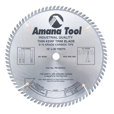 Amana TB10800 Carbide Tipped Thin Kerf Trim 10" D x 80T ATB, 10 Deg, 5/8 Bore, Circular Saw Blade