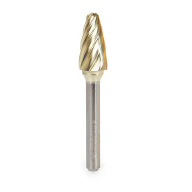 Amana BURS-144NF Radius Tree Shape Head 1/2 D x 1 CH x 1/4 Shank x 2-3/4" ZrN Coated Double Cut SF